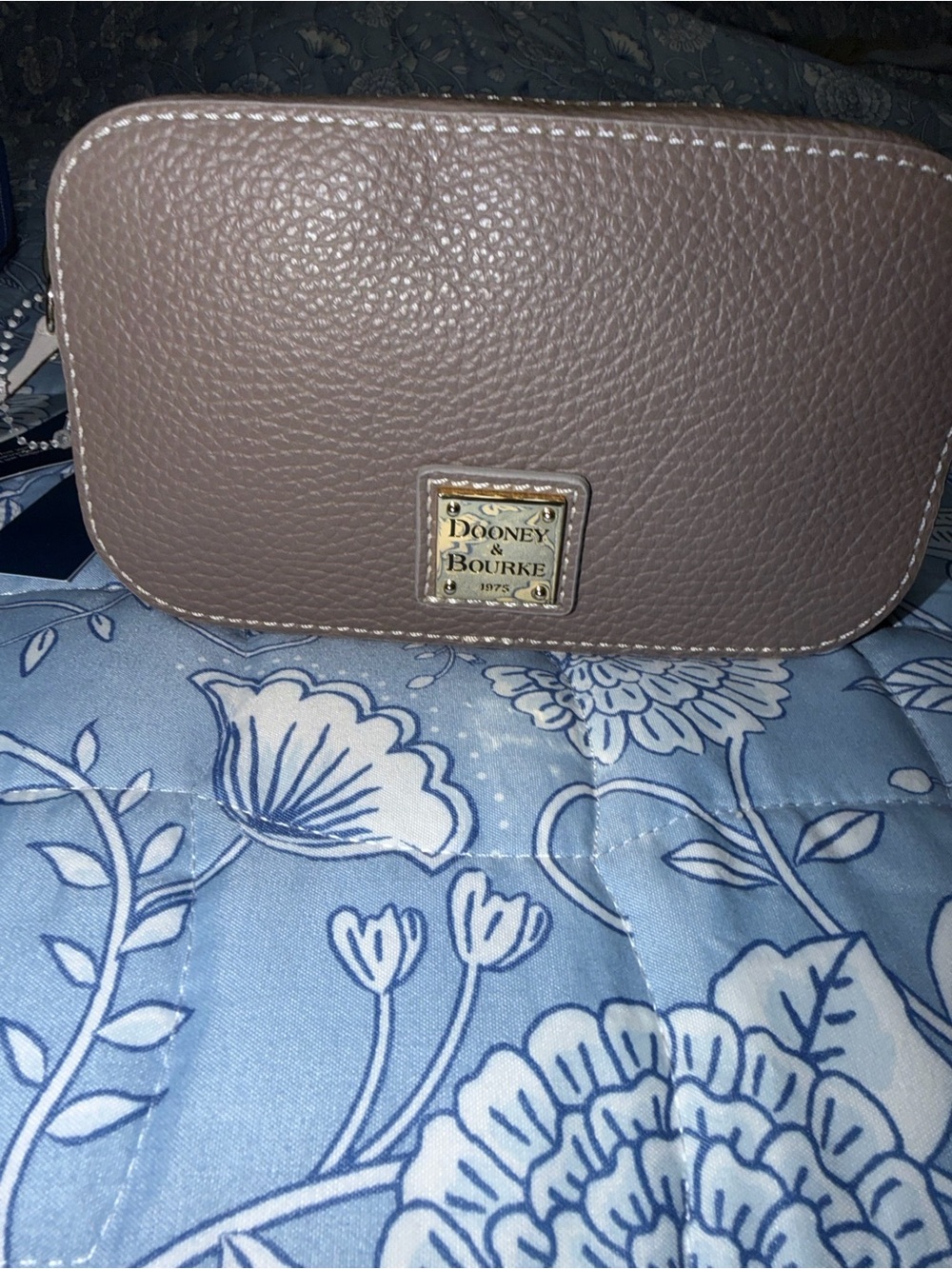 Dooney & Bourke Taupe Pebbled Leather Cosmetic Case with Gold Plaque